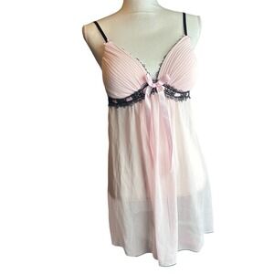 VTG Linea Donatella Pink Sheer Babydoll Chemise Nightgown Lace Trim & Bow Large